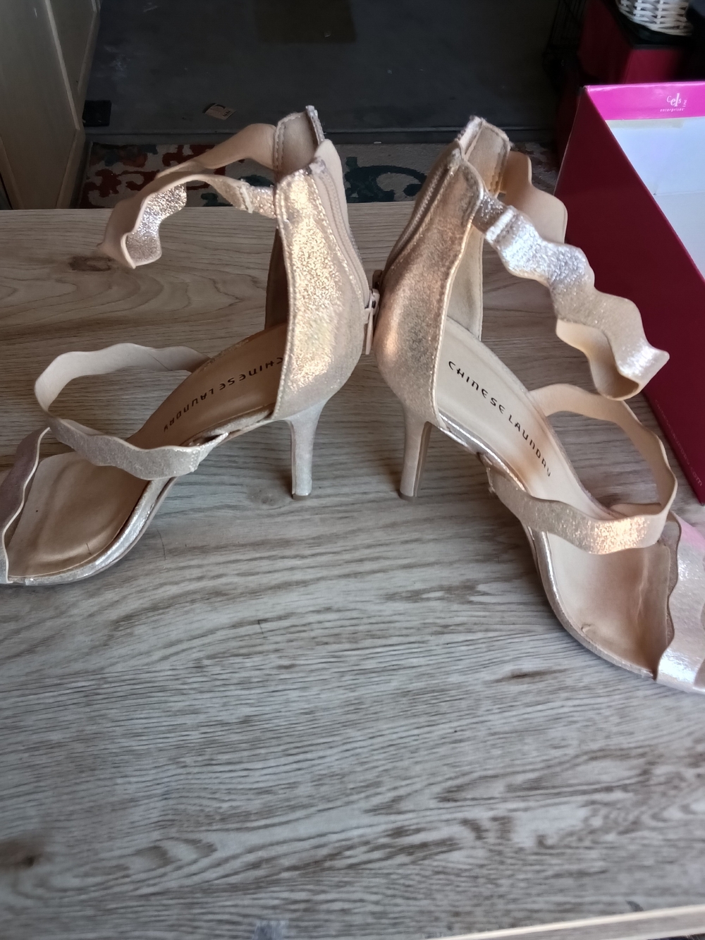 Chinese Laundry Shimmery Gold Scalloped-Strap Stilettos
